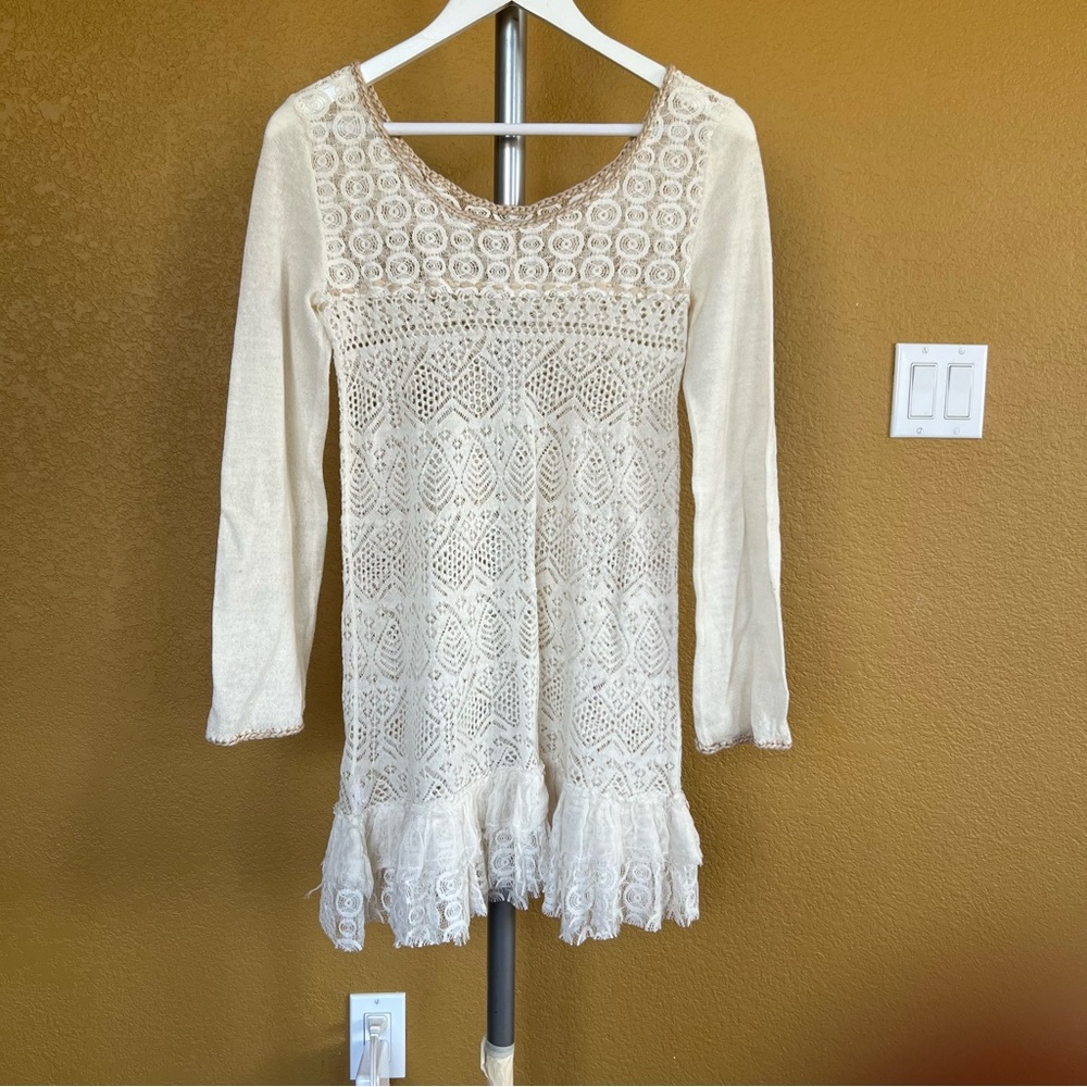 Free People Ivory Open Knit Ruffle Lace Long Sleeve Sweater Tunic Mini Dress - Picture 4 of 9